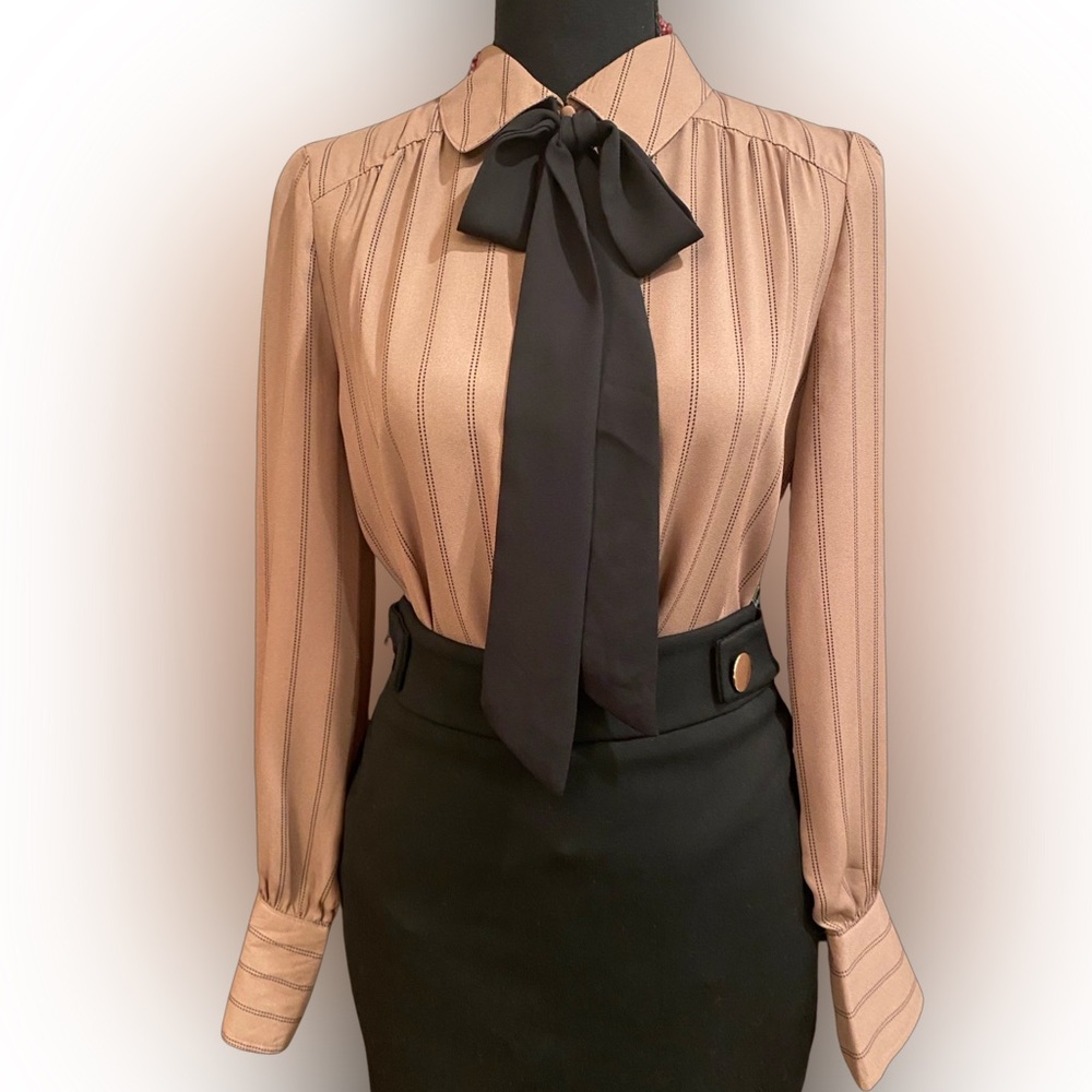 Women's Tan Stripe Bow Tie Blouse